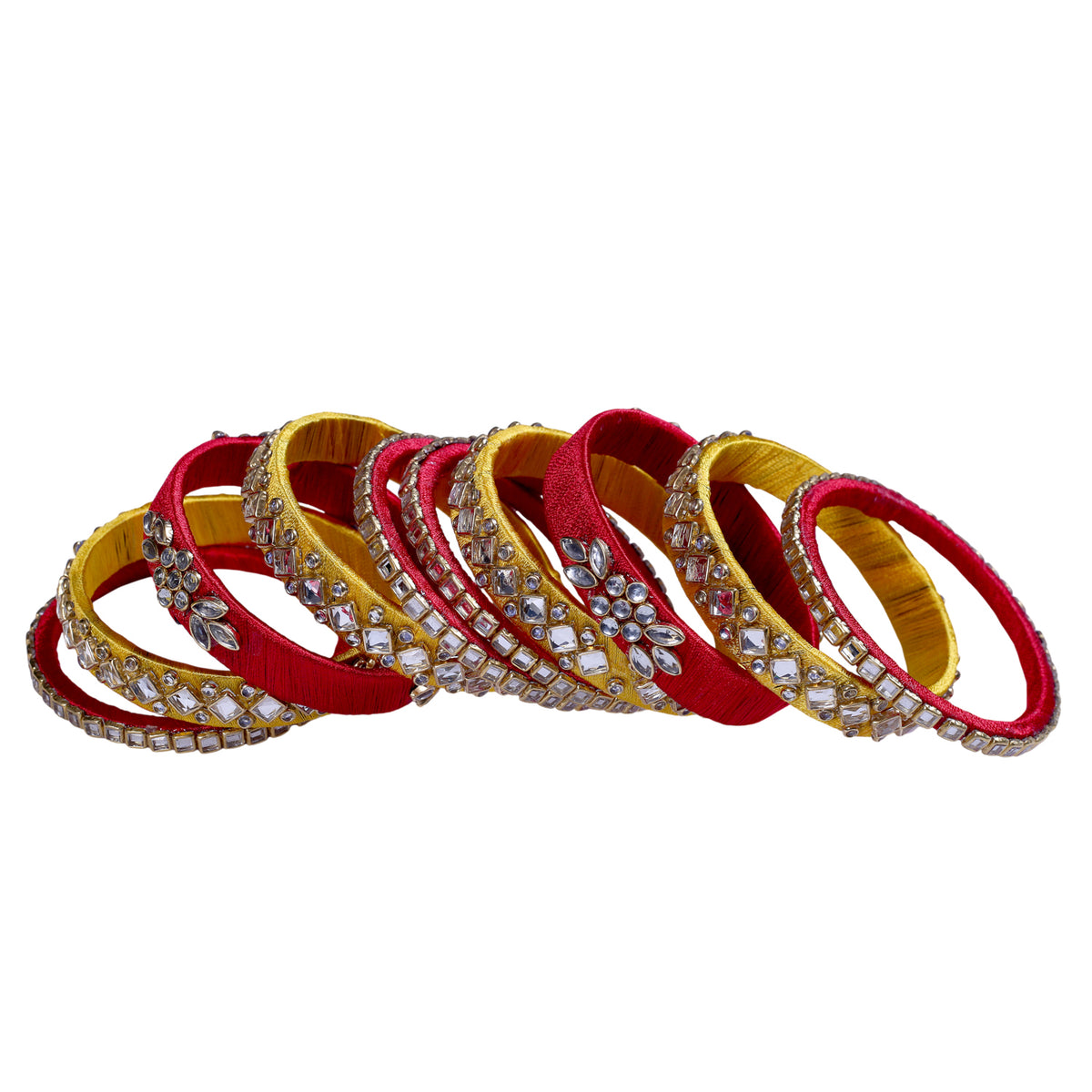 Red & Mustard Yellow Silk Thread Embellished Bangle Set
