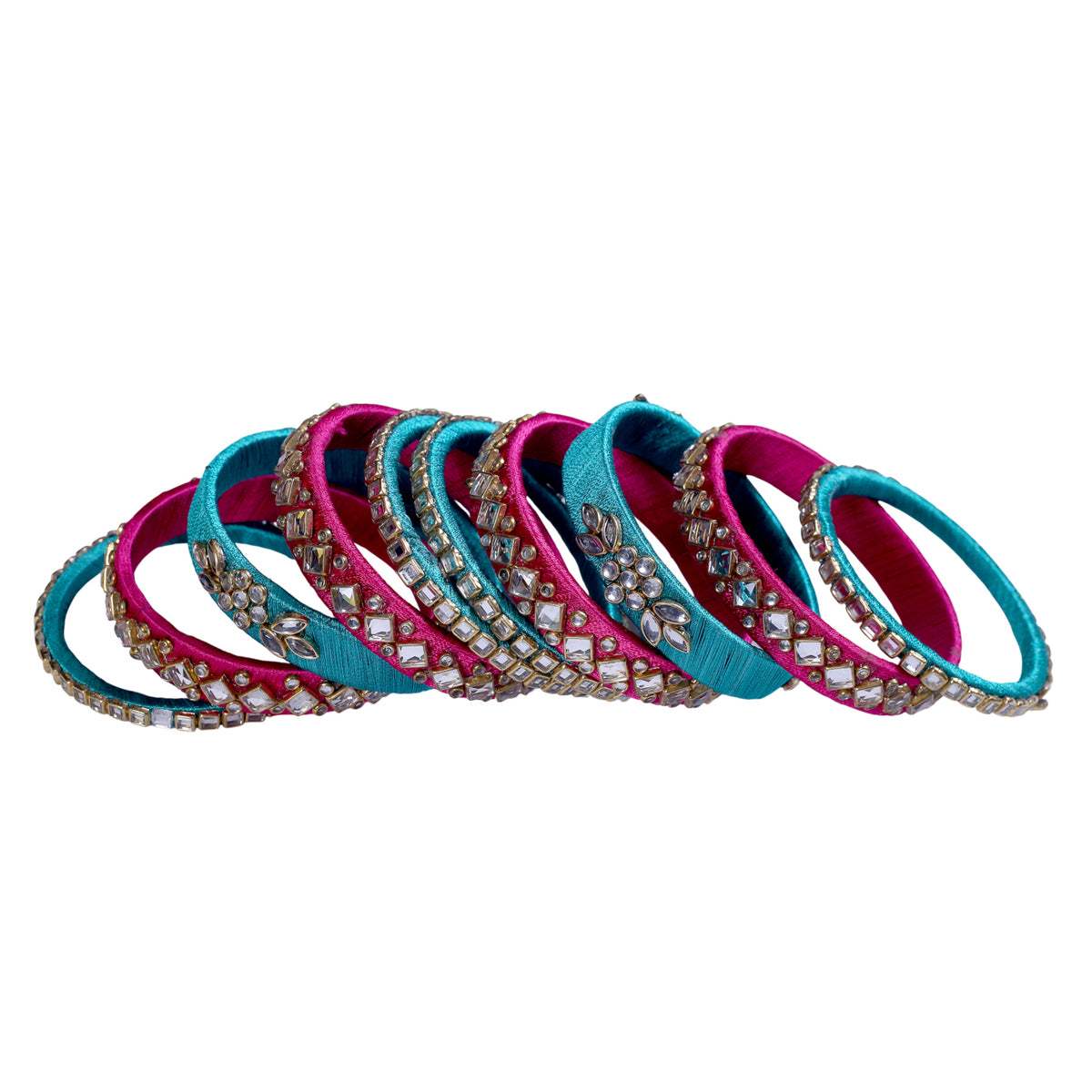 Rani Pink and Green Silk Thread Embellished Bangle Set