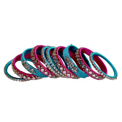 Rani Pink and Green Silk Thread Embellished Bangle Set