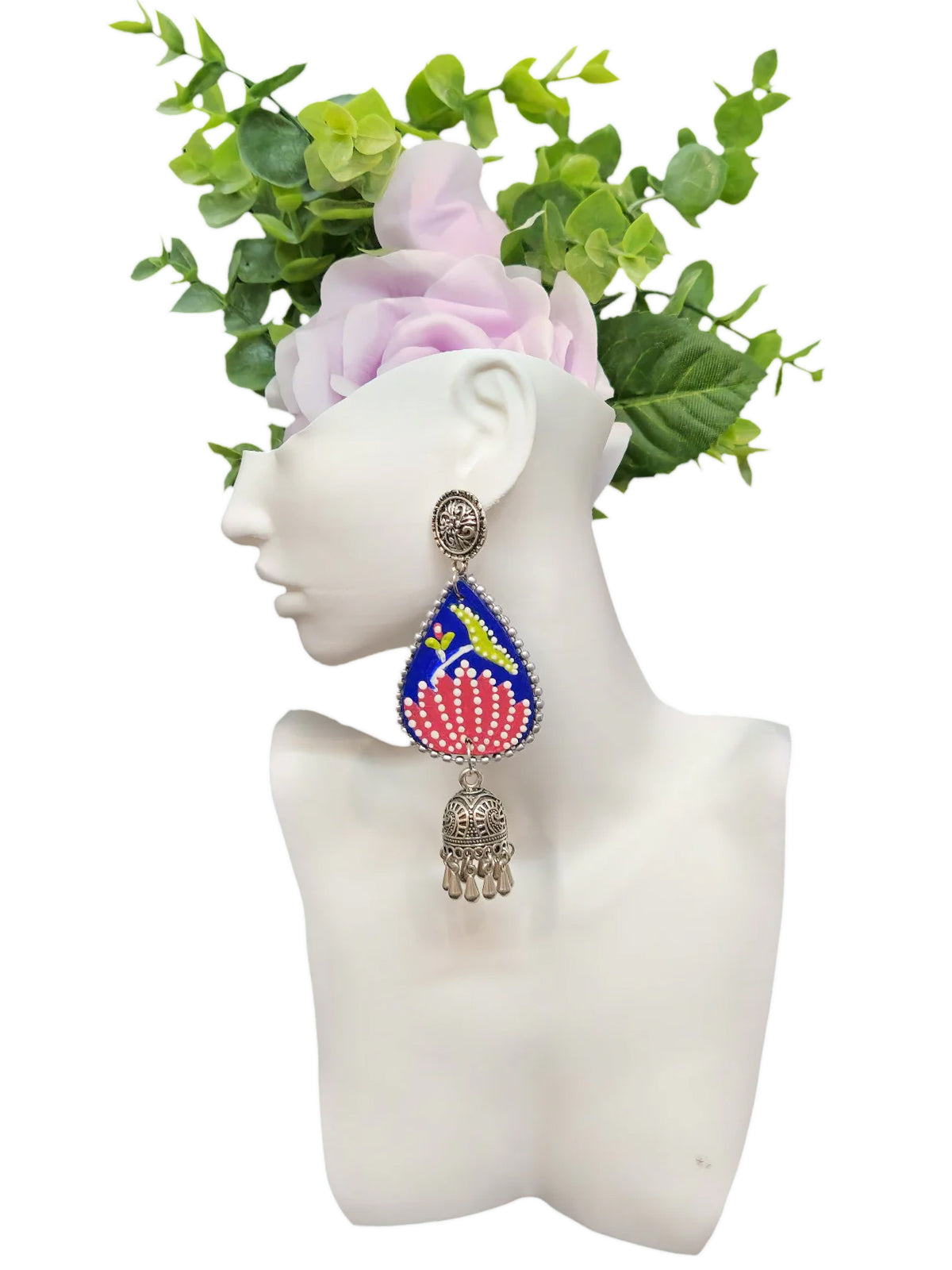 Beautiful Blue Pink Lotus print with Bell Earrings