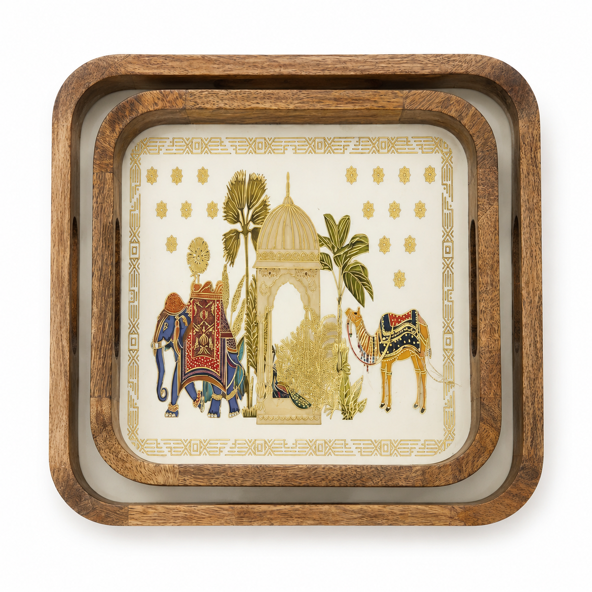 Royal Caravan Heritage Square Wooden Nesting Serving Tray Set of 2
