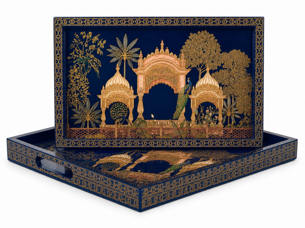 Midnight Crane Heritage Wooden Nesting Serving Tray Set | 2-Piece