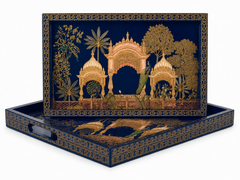 Midnight Crane Heritage Wooden Nesting Serving Tray Set | 2-Piece