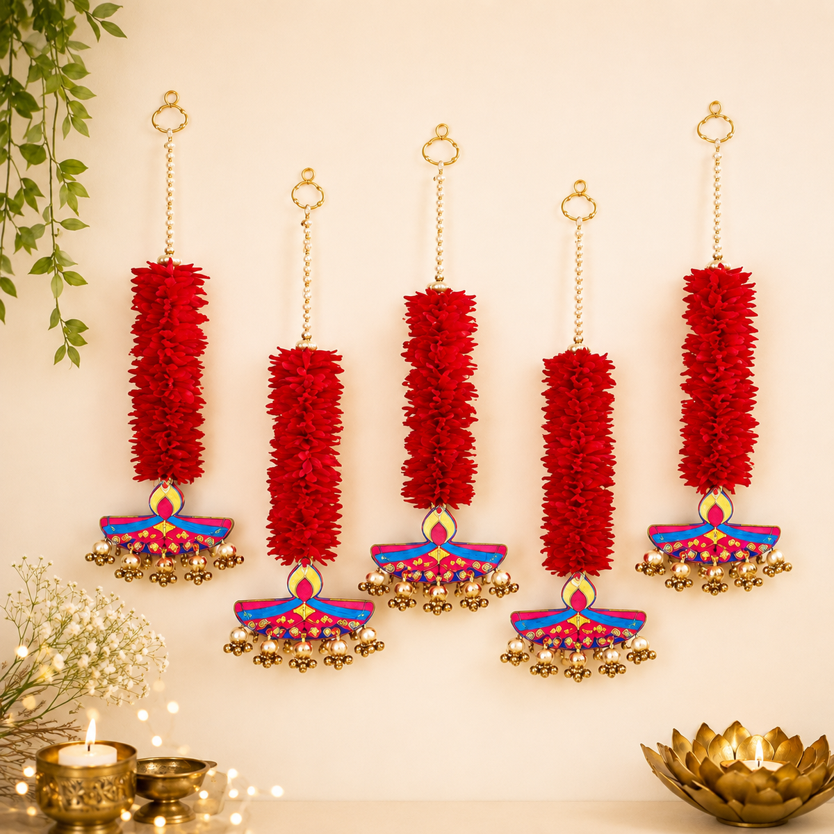 Crimson Diya Blossom Hanging (Set of 2)
