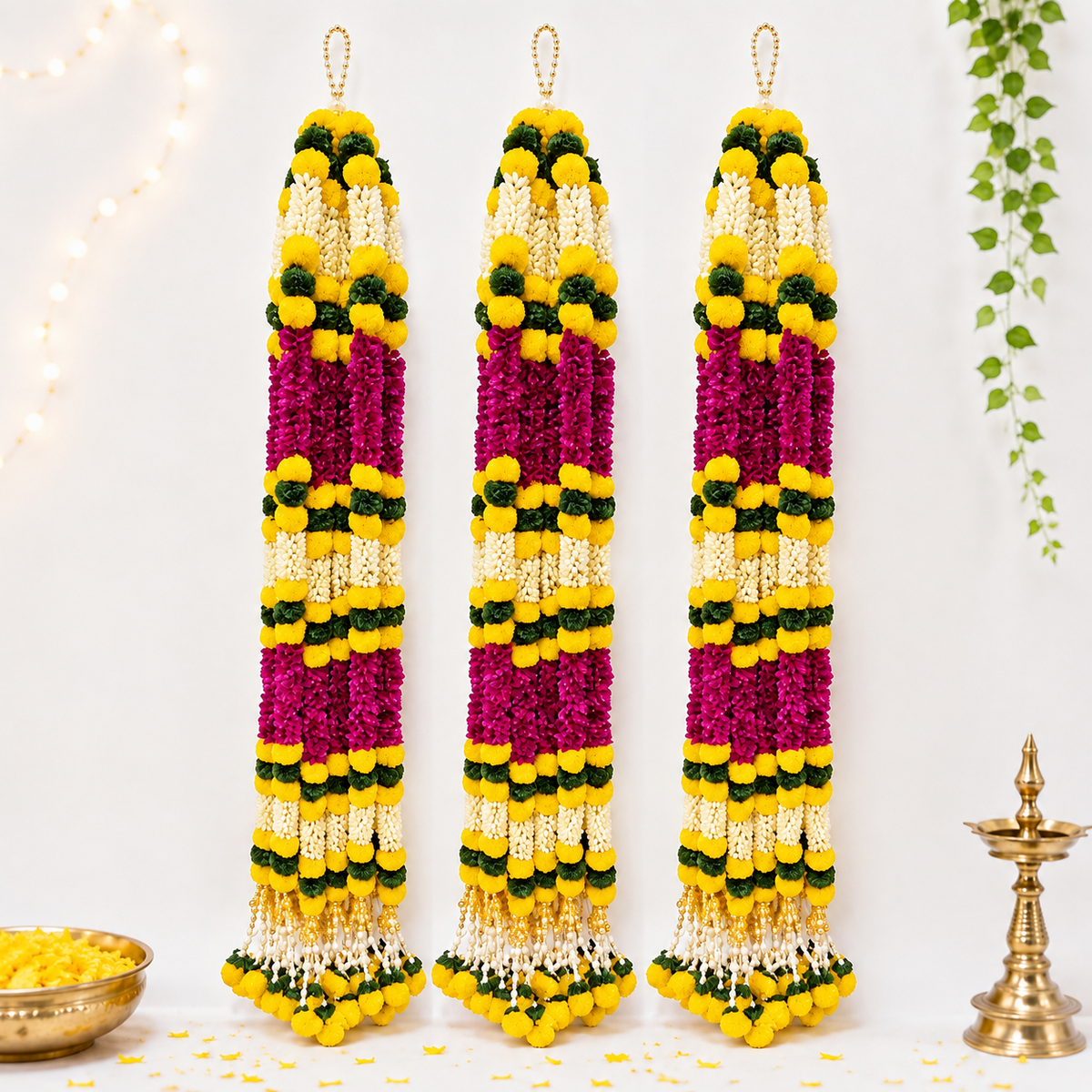 Traditional Marigold and Gajra Floral Hangings (Set of 12)