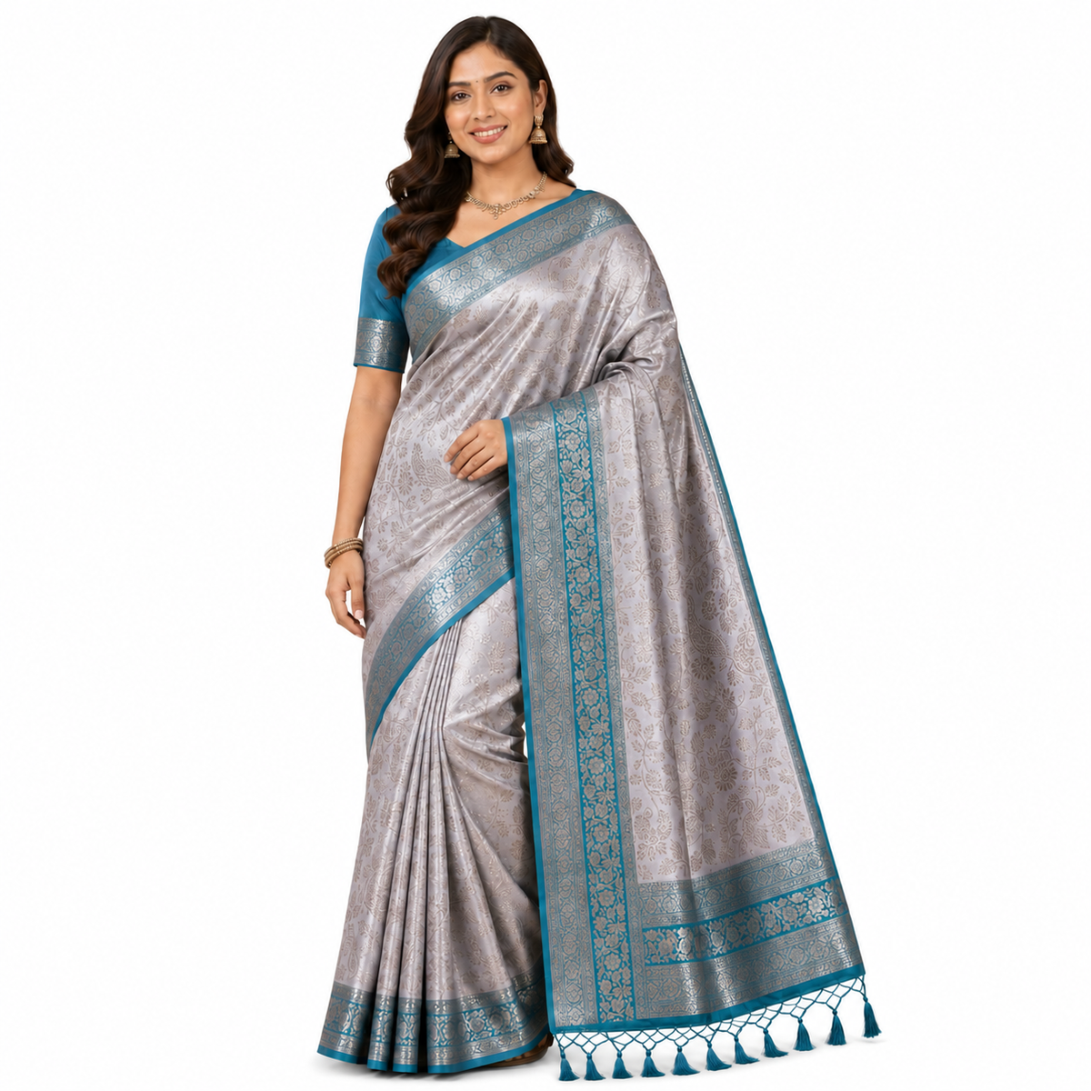 Ivory Silk Saree with Teal Blue Zari Border