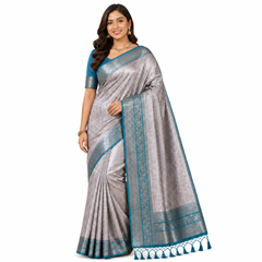Ivory Silk Saree with Teal Blue Zari Border