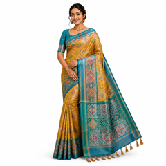 Teal & Mustard Silk Saree with Zari Border