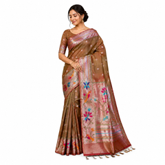 Copper Tone Silk Saree with Multicolour Bird Motif Paithani Border
