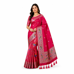 Rani Pink Silk Saree with Copper Zari Border & Bird Motifs