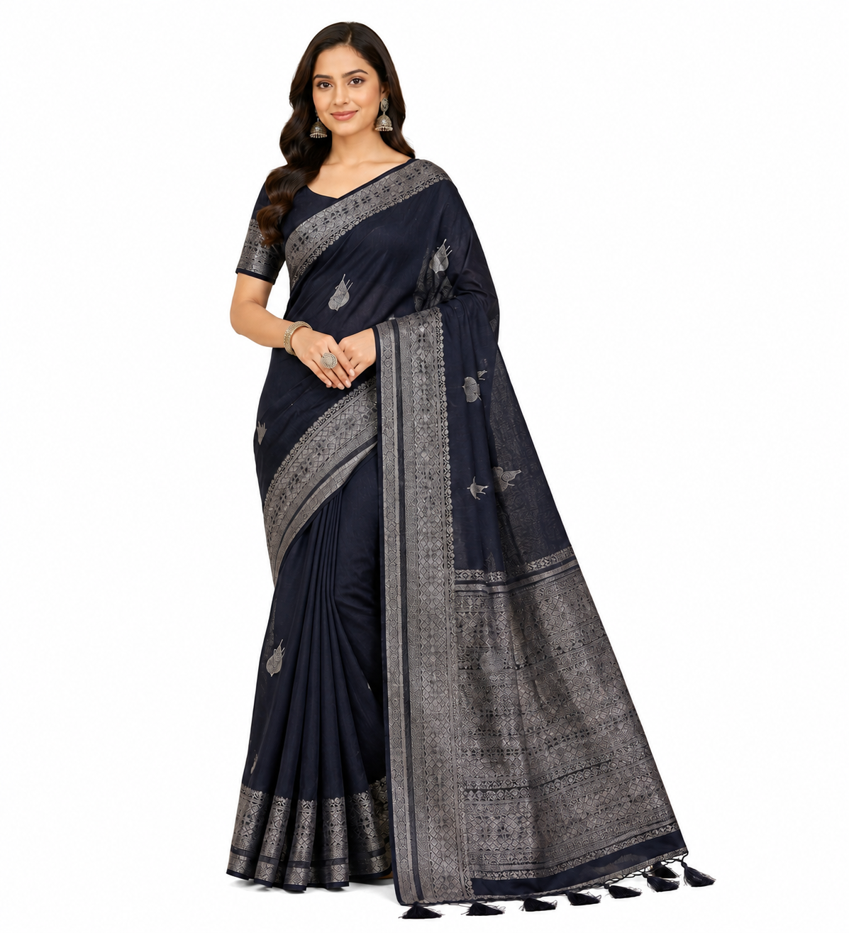 Classic Black Silk Saree with Geometric Silver Zari