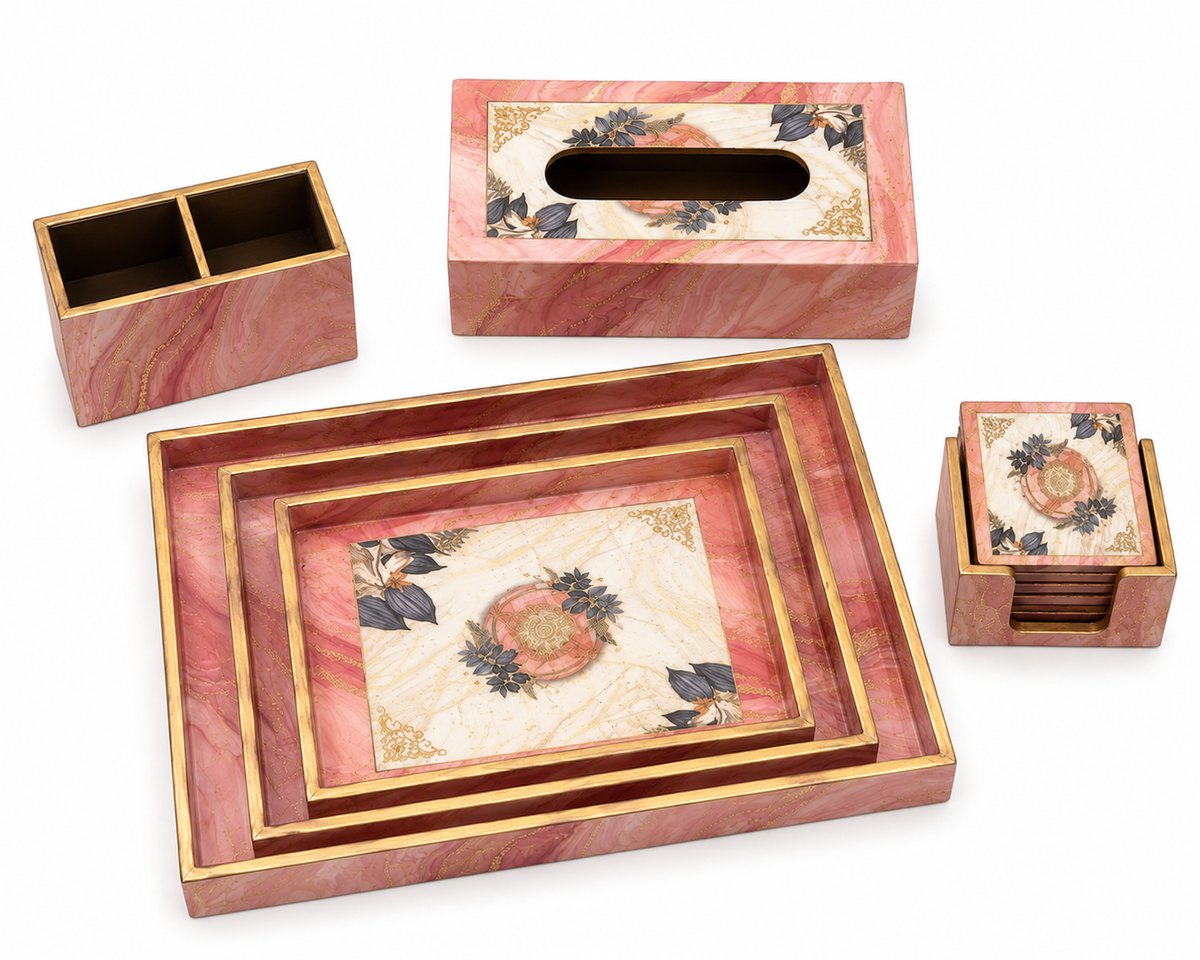 Blush Marble Luxe Desk & Home Organiser Collection | 6-Piece Wooden Gift Set