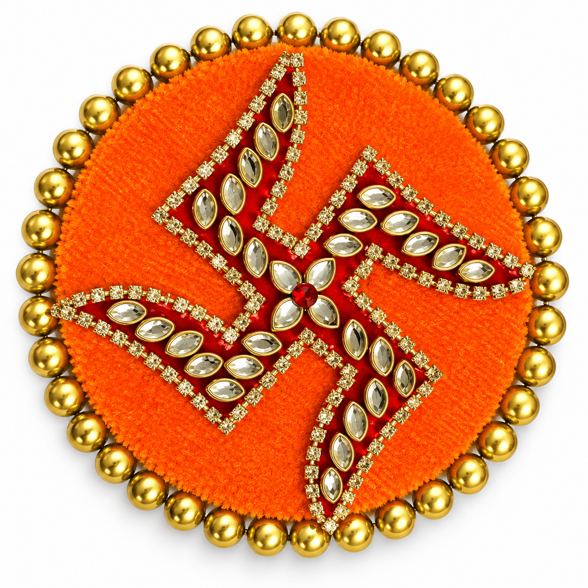 Swastik Decorative Rangoli – White Diamond & Gold Motifs on Round MDF with Gold
