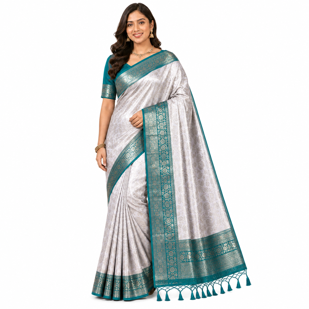 Ivory Silk Saree with Teal Zari Border