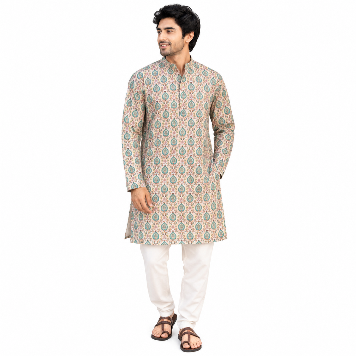 Printed Mens kurta set with blue motifs