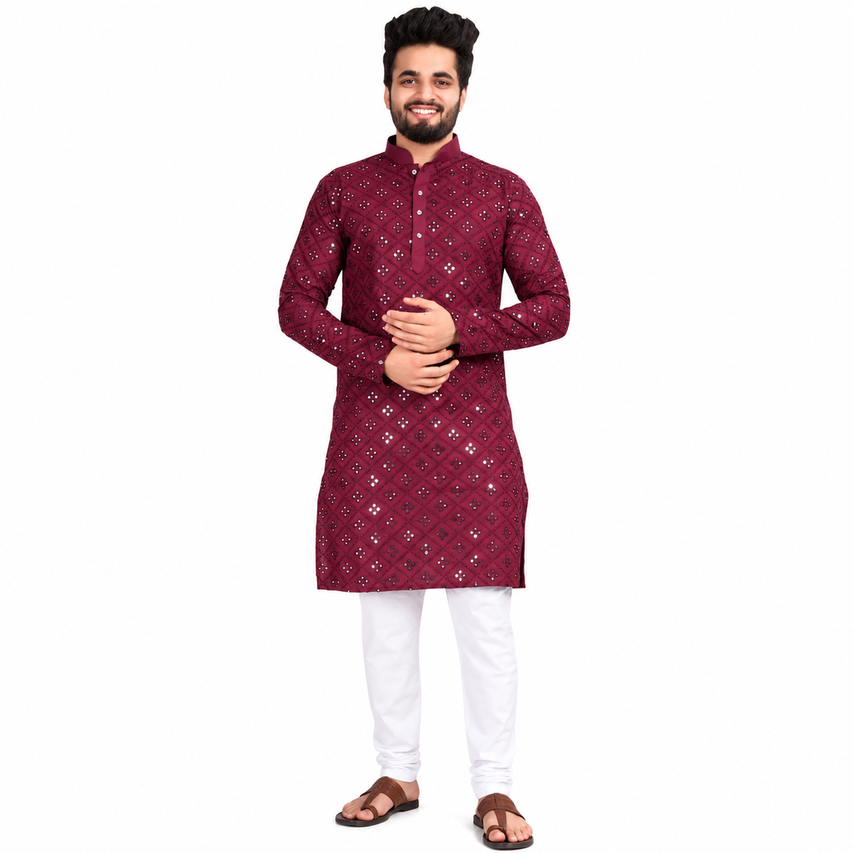 Magenta Blended Cotton Kurta with Mirror Work