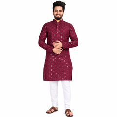 Magenta Blended Cotton Kurta with Mirror Work