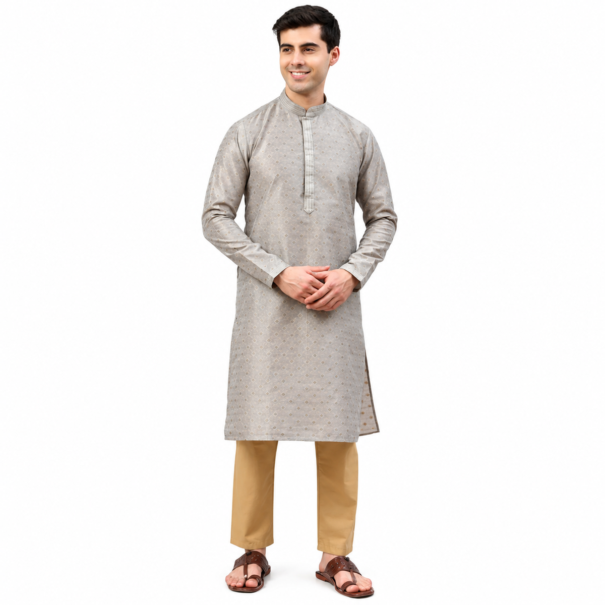 Classic Grey Gold Pattern Kurta set for Men