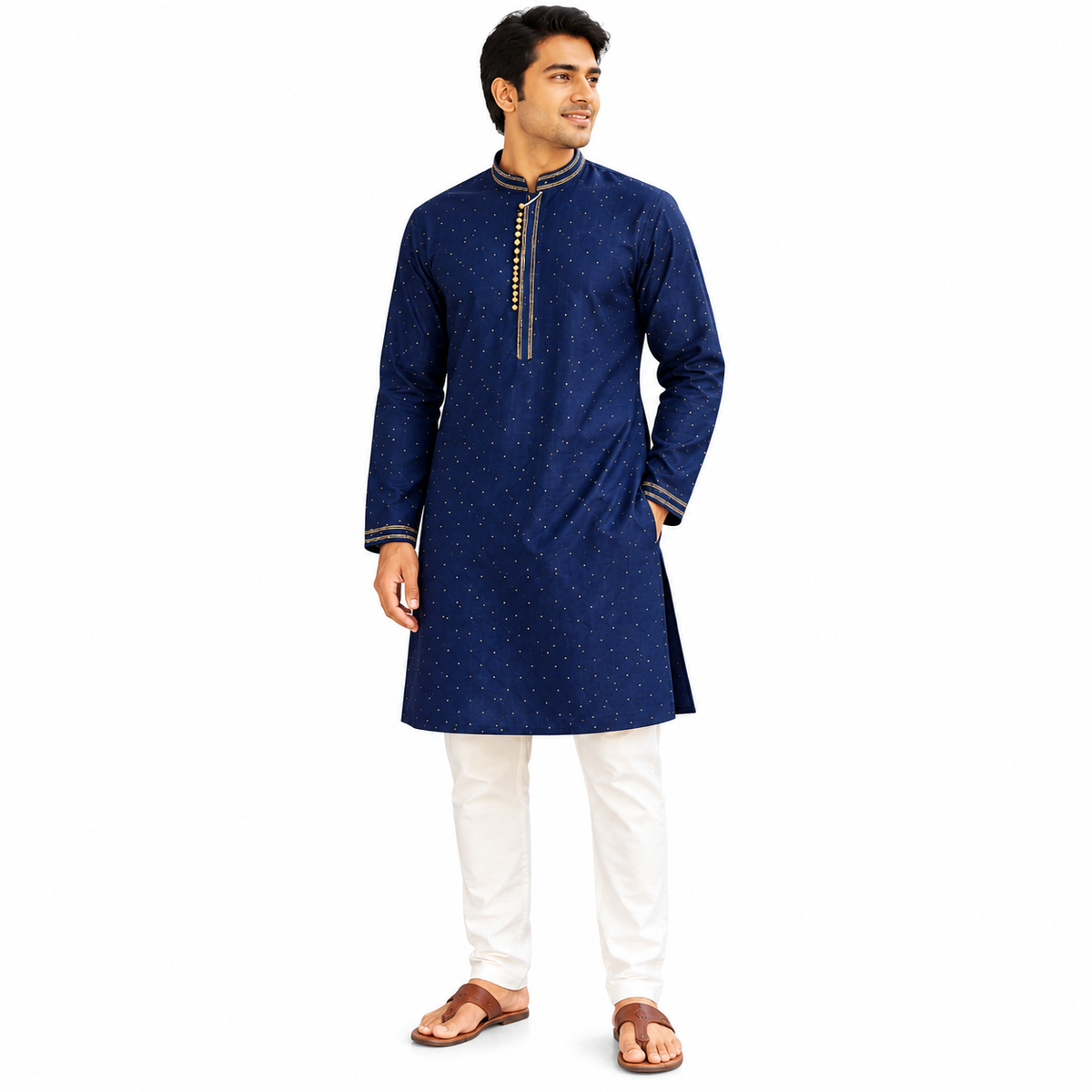 Blue Kurta with golden resham dots