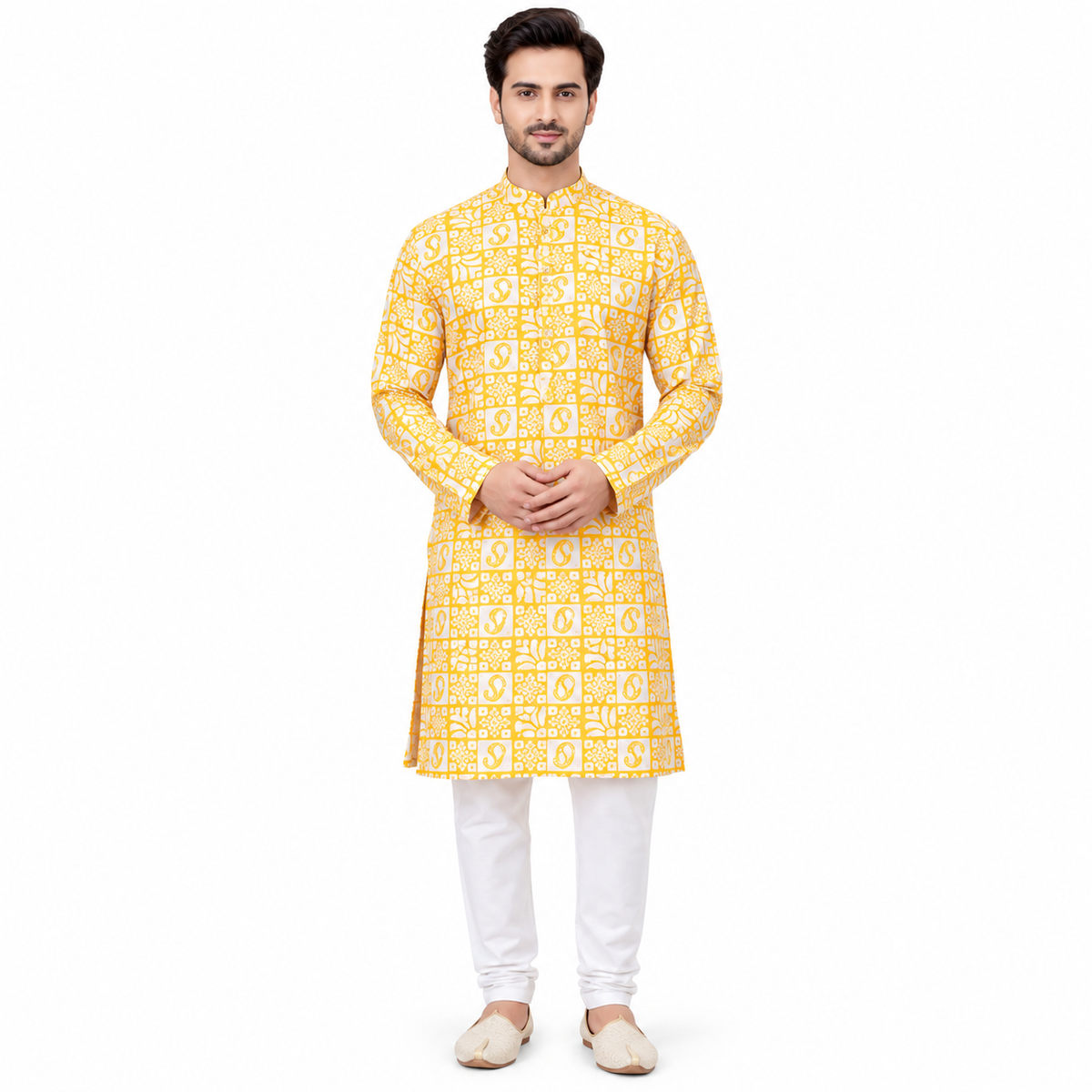 Yellow Dupion Silk Kurta Set with Self Print