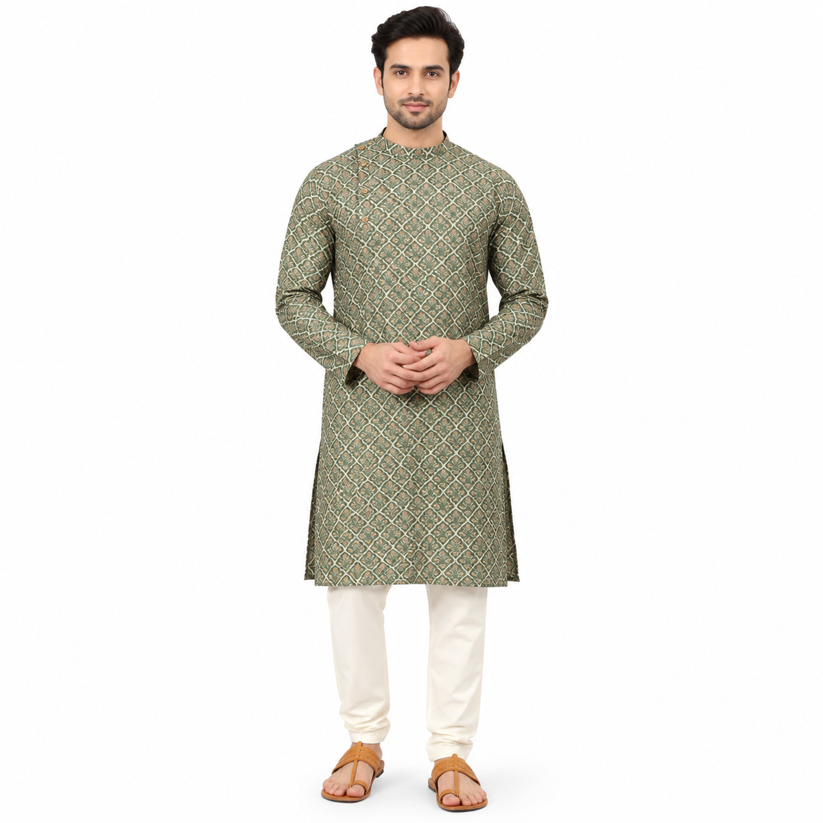 Green Muslin Kurta Set with selfprint deisgn