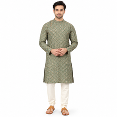 Green Muslin Kurta Set with selfprint deisgn