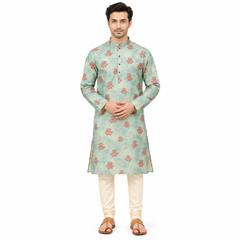 Cotton Blend Greenish blue Stitch Kurta with Chudidaar