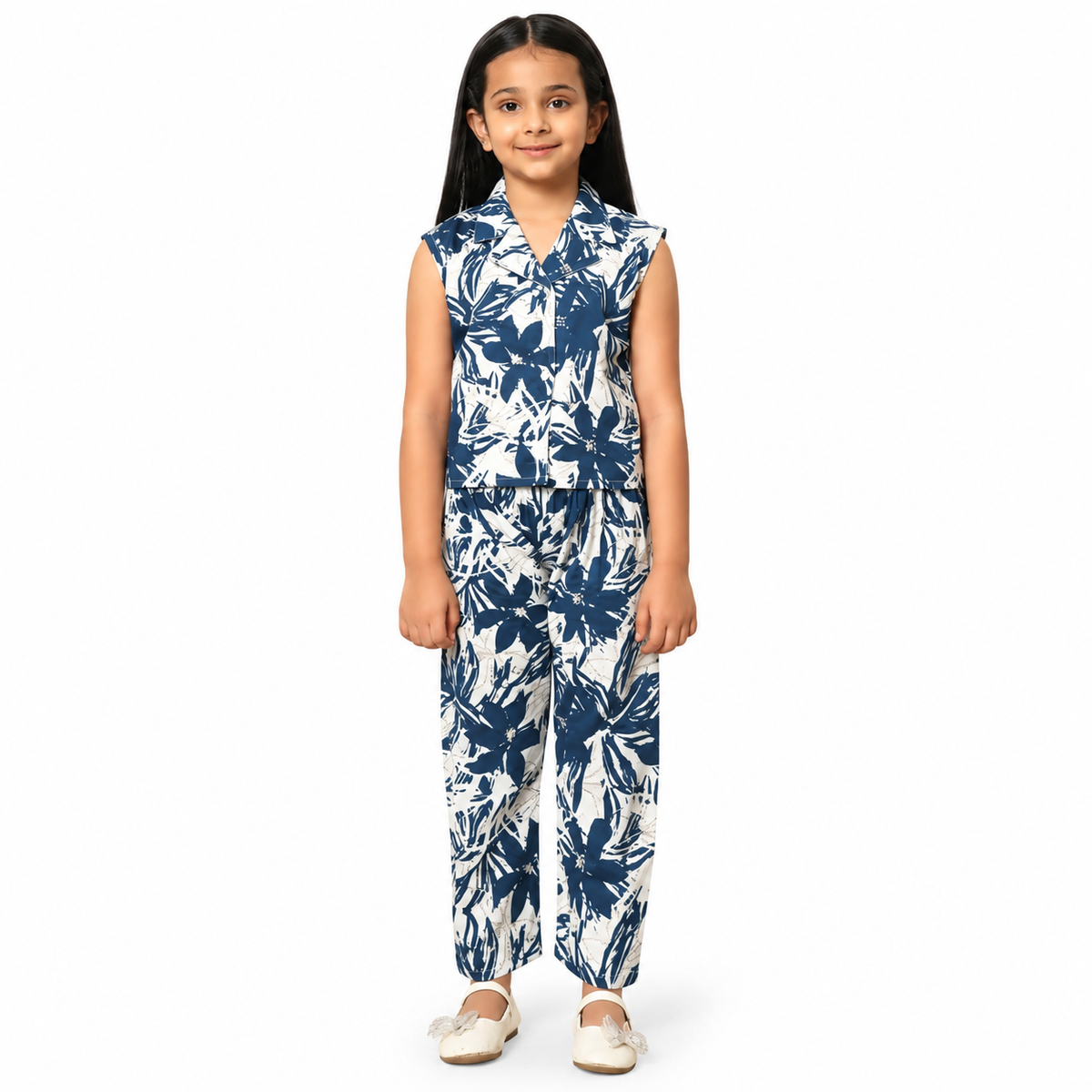 Sleeveless Blue White Floral Cotton Coord Set