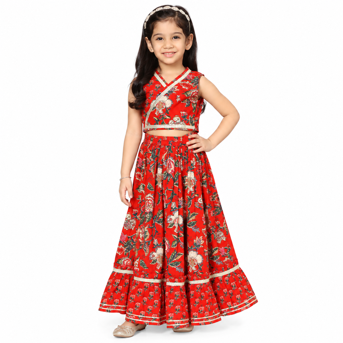Red Floral Lehenga Choli Set Wrap Style Sleeveless Design