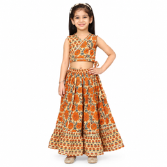 Mustard Floral Lehenga Choli Set with Wrap Style Top