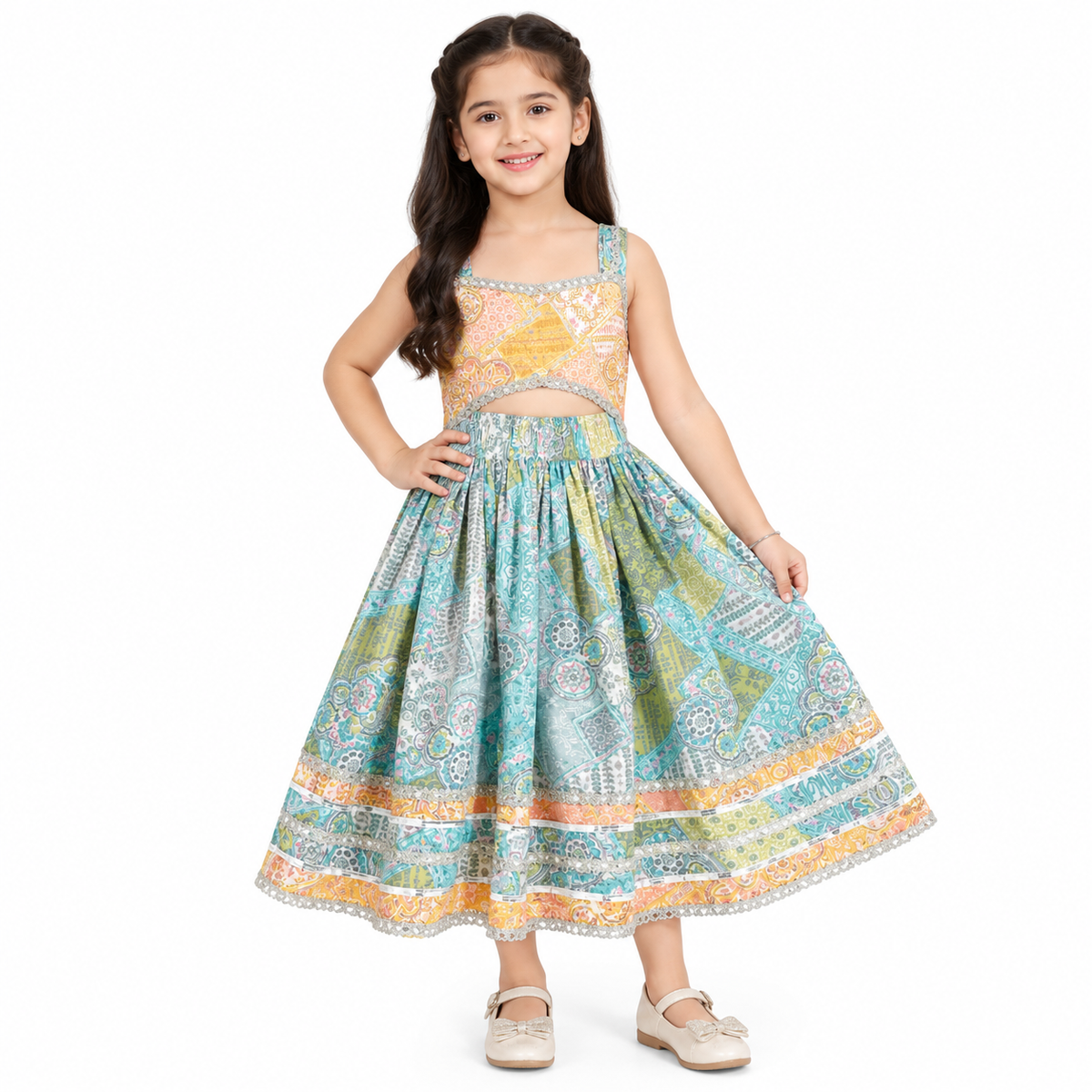 Multicolor Brocade Crop Top and Skirt Set