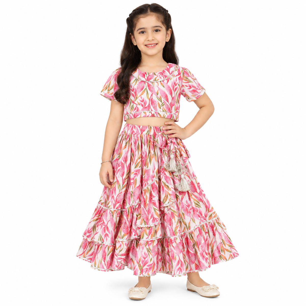Floral Ruffle Lehenga Choli – Peach & Pink Printed Party Wear