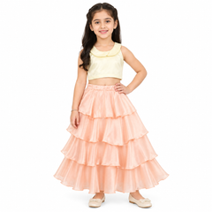 Pastel Crop Top & Layered Net Skirt Set – Party Wear Ensemble