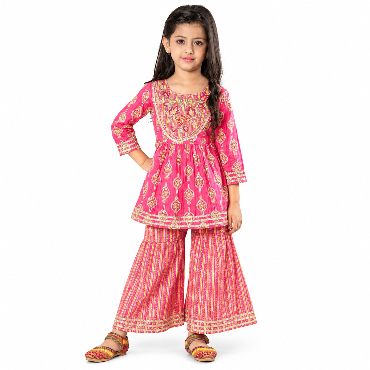 Pink Orange Printed Kurta Sharara Set – Embroidered Neckline