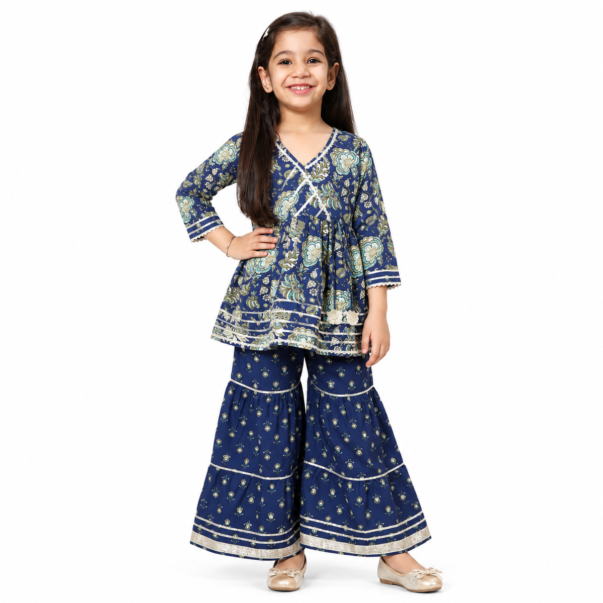 Indigo & Green Wrap Kurta Sharara Set – Traditional Block Print
