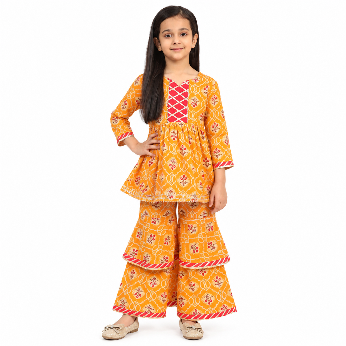 Girls Mustard Yellow Printed Kurta with Tiered Sharara Set