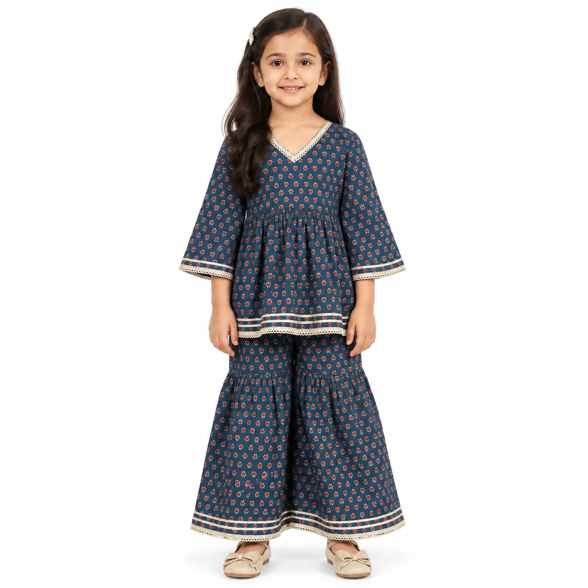 Girls Navy Blue Printed Kurta and Sharara Set with Lace Border