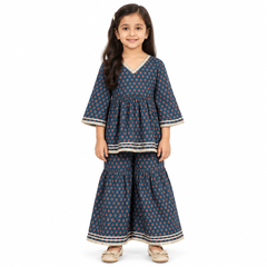 Girls Navy Blue Printed Kurta and Sharara Set with Lace Border