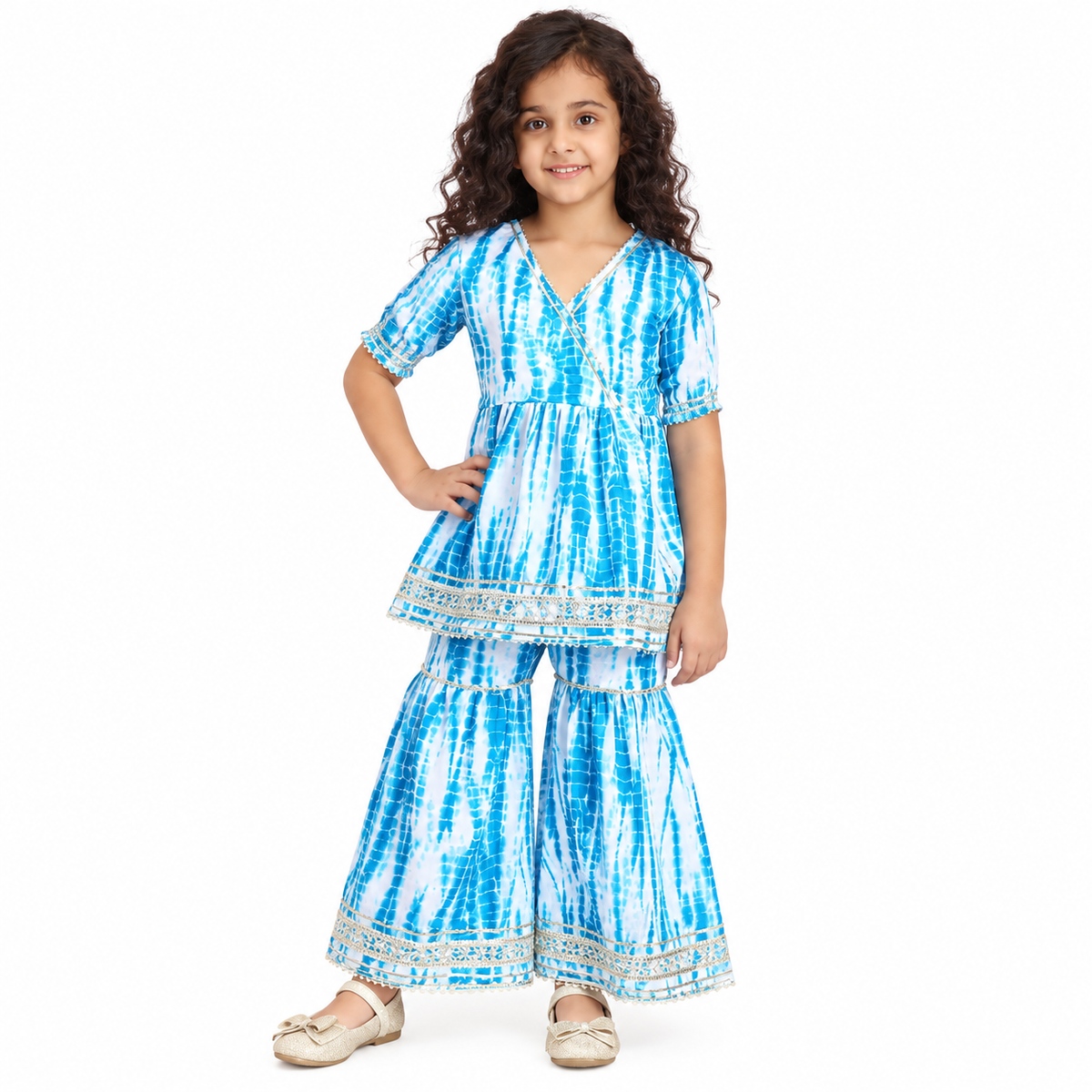 Girls Blue Tie-Dye Peplum Top and Sharara Set with Lace Detailing