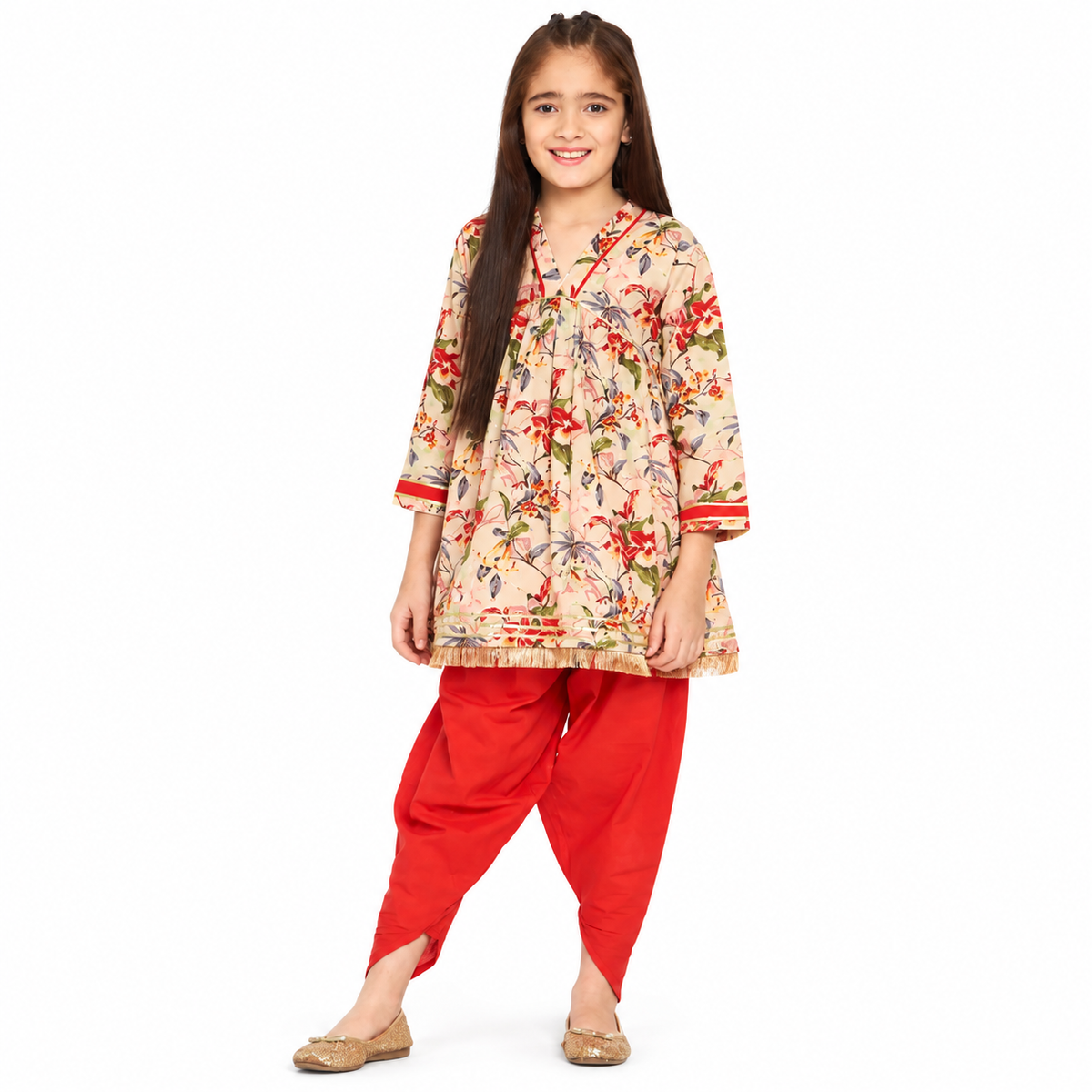 Girls Beige Floral Print Kurta and Red Patiala Set