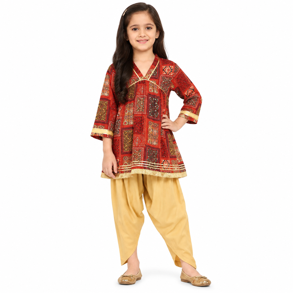 Girls Rust Ethnic Print Kurta and Beige Patiala Set