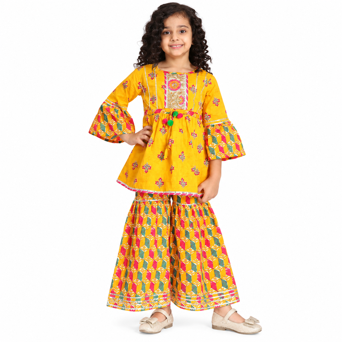 Girls Yellow Floral Printed Top and Sharara Set with Bell Sleeves