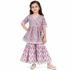 Angarkha Style Pink Floral Kurta with Sharara Pants