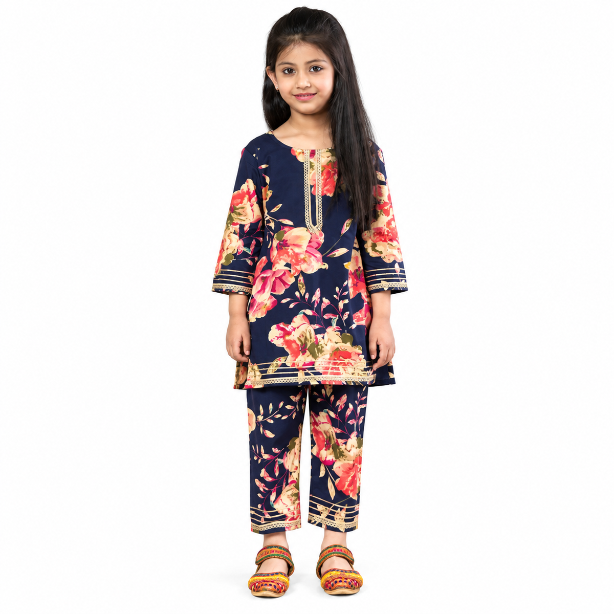 Navy Blue Kurta with Bright Pink Flower and Straight Fit Pants