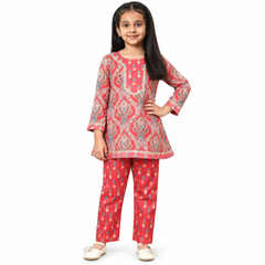 Girls Red & Grey Printed Kurta and Pant Set