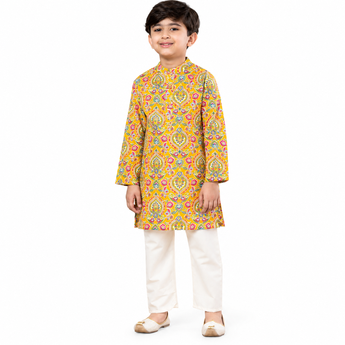 Cotton Yellow Floral Print Kurta with Off White Pants