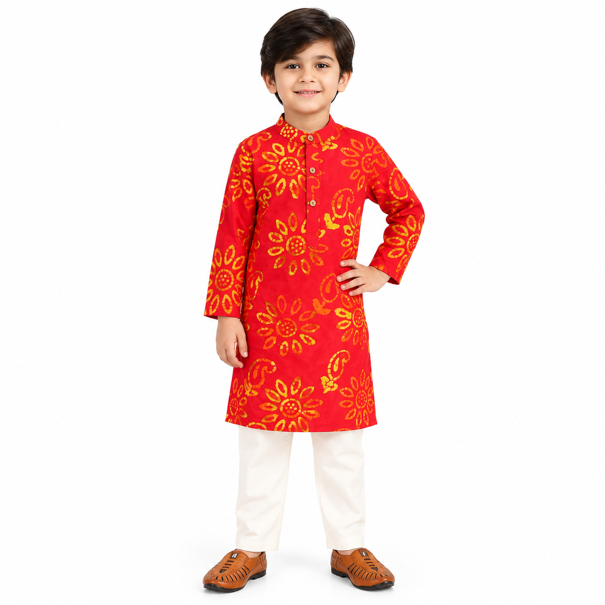 Yellow Baatik Print Pink Kurta with Off White Pants
