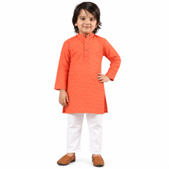 Cotton Orange Self Embroidered Kurta with White Pants