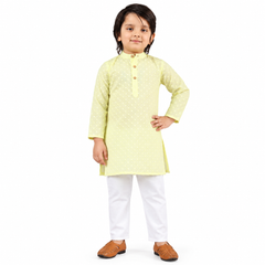 Cotton Chickankari Yellow Kurta with White Pants