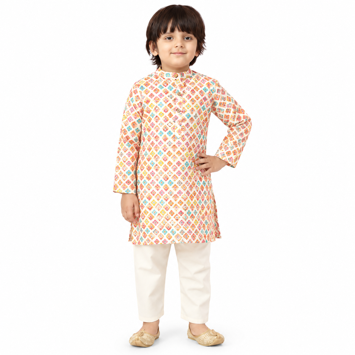 Cotton Silk Floral Print with Gold Emboss Kurta and Off White Pants